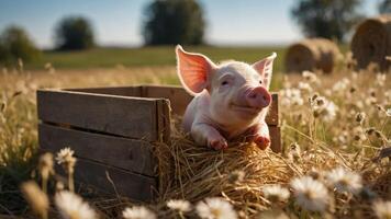 A cute piglet resting in a wooden crate surrounded by hay and flowers in a sunny field. photo