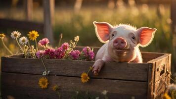 A cute piglet resting in a wooden crate filled with colorful flowers in a sunny field. photo