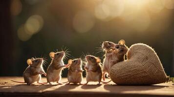 A charming scene of six mice gathered around a heart-shaped decoration in soft sunlight. photo
