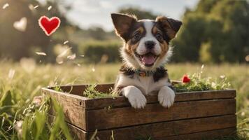 A playful puppy in a wooden crate surrounded by greenery and hearts. photo