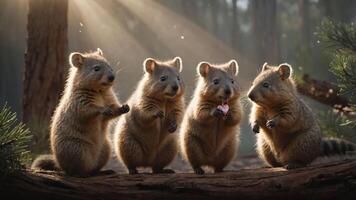 Four adorable quokkas standing together in a forest, illuminated by soft sunlight. photo