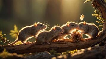 A group of small mammals gathered around a pine cone in a sunlit forest setting. photo