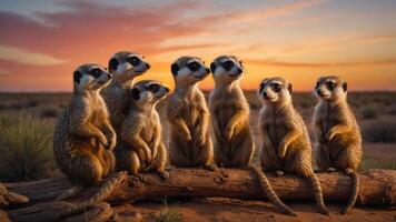 A group of meerkats standing together on a log during sunset in a desert landscape. photo
