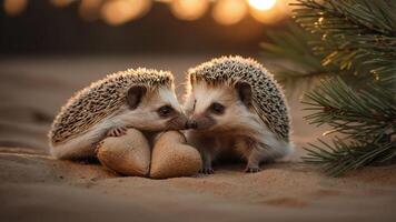Two hedgehogs cuddling over heart-shaped objects in a warm, natural setting. photo