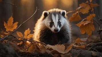 A badger among autumn leaves in a serene forest setting. photo