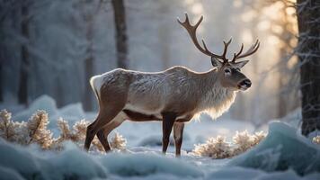 A majestic reindeer stands in a snowy forest, illuminated by soft, golden light. photo