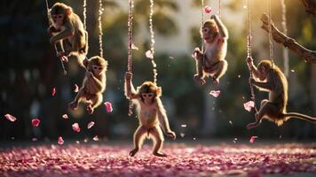Five playful monkeys swinging on ropes amidst falling flower petals in a serene setting. photo