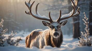 A majestic reindeer stands in a snowy forest, illuminated by soft winter light. photo