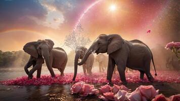 A serene scene of elephants playing in water surrounded by roses and a vibrant sky. photo