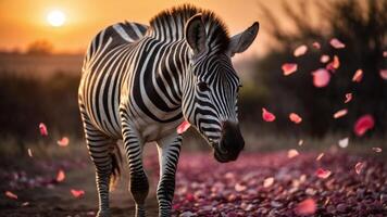 A zebra walks through a field of rose petals at sunset, creating a serene atmosphere. photo