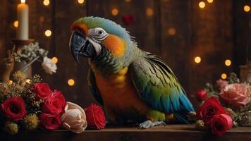 A colorful parrot surrounded by flowers and candles, creating a warm, festive atmosphere. photo