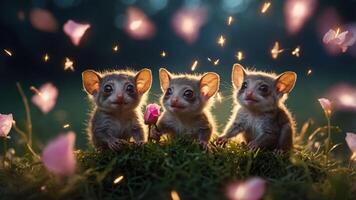 Three adorable creatures sitting on grass, surrounded by petals and glowing lights. photo