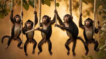 Five monkeys hanging on ropes in a natural setting, showcasing playful behavior. photo