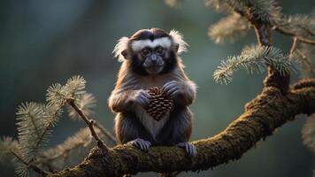 A monkey sitting on a branch, holding a pine cone in a serene natural setting. photo
