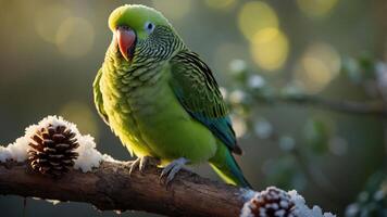 A vibrant green parakeet perched on a snowy branch with pine cones in a soft-focus background. photo
