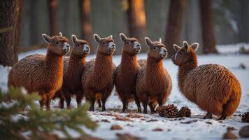 A group of six fluffy animals stands in a snowy forest, surrounded by pine trees. photo