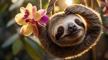 A sloth hanging from a branch, surrounded by colorful orchids in a natural setting. photo
