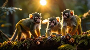 Three playful monkeys on a log surrounded by pinecones and foliage, illuminated by sunlight. photo
