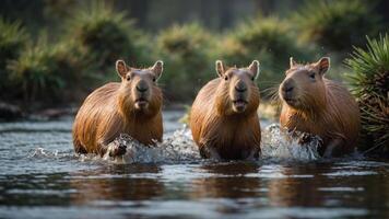 Three capybaras splashing through water in a natural setting. photo