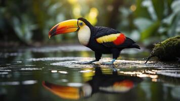 A vibrant toucan stands in shallow water, reflecting its colorful beak in the serene environment. photo
