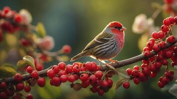 A colorful bird perched on a branch with vibrant red berries, set against a soft background. photo