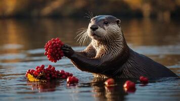 An otter holds a cluster of grapes while surrounded by water and additional grapes nearby. photo
