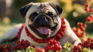 A cheerful pug adorned with red berries, lying on grass in a sunny outdoor setting. photo