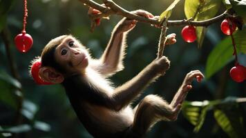 A monkey hanging on a branch surrounded by vibrant foliage and red fruit. photo