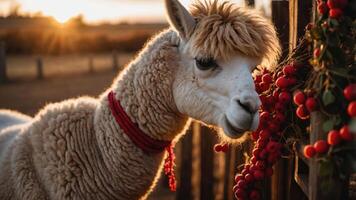 A close-up of a fluffy alpaca enjoying red berries at sunset. photo