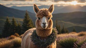 A llama adorned with a lavender wreath stands in a scenic mountainous landscape at sunset. photo