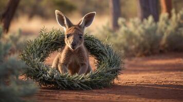 A kangaroo sitting in a green wreath on a dirt path surrounded by trees. photo