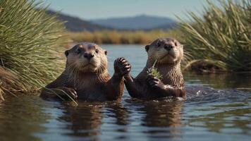 Two playful otters holding hands in a serene water setting surrounded by grass. photo