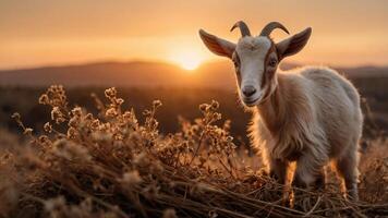 A goat stands in a field at sunset, surrounded by dry grass and a warm glow. photo