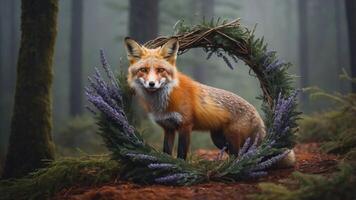A fox stands gracefully within a floral wreath in a misty forest setting. photo