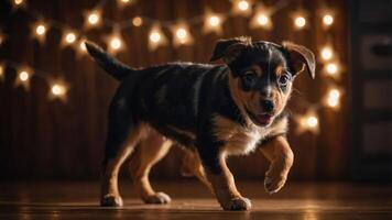 A playful puppy running amidst warm, twinkling lights, capturing a joyful moment. photo