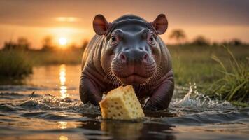 A young hippopotamus playfully carries a piece of cheese in a serene water setting at sunset. photo