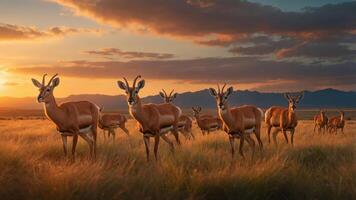 A herd of antelopes grazing in a golden field during sunset with mountains in the background. photo