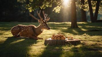 A deer rests beside a log with bread rolls in a serene forest setting. photo