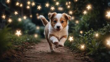 A playful puppy runs along a path, surrounded by twinkling stars. photo