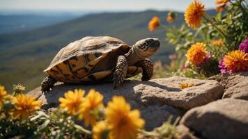 A turtle exploring a rocky area adorned with colorful flowers against a scenic backdrop. photo