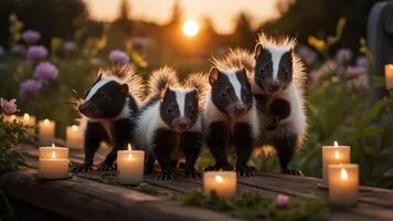 Four skunks standing on a wooden path surrounded by candles at sunset. photo