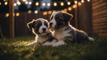 Two adorable puppies lying on grass, illuminated by string lights in a cozy outdoor setting. photo