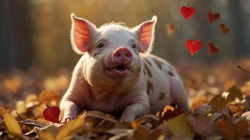 A cute piglet surrounded by autumn leaves with floating hearts, evoking warmth and joy. photo