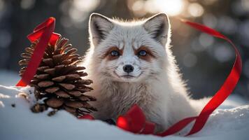 A fox surrounded by snow, a pine cone, and a red ribbon, evoking a festive atmosphere. photo
