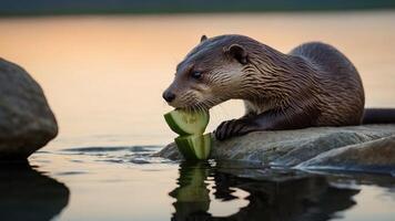 An otter enjoys a slice of cucumber on a rock by the water during sunset. photo