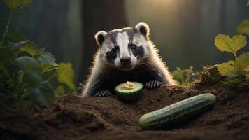 A cute badger enjoying a cucumber in a forest setting. photo