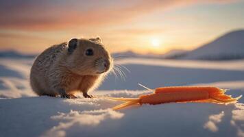 A small animal sits on snow, next to carrots, with a sunset in the background. photo