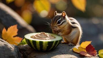 A chipmunk enjoying a scoop of food from a watermelon half surrounded by autumn leaves. photo