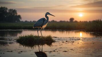 A serene heron stands in a wetland at sunset, reflecting on the still water. photo