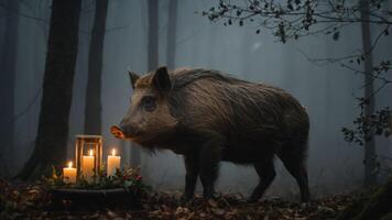 A wild boar stands near candles in a misty forest setting, creating a mystical atmosphere. photo